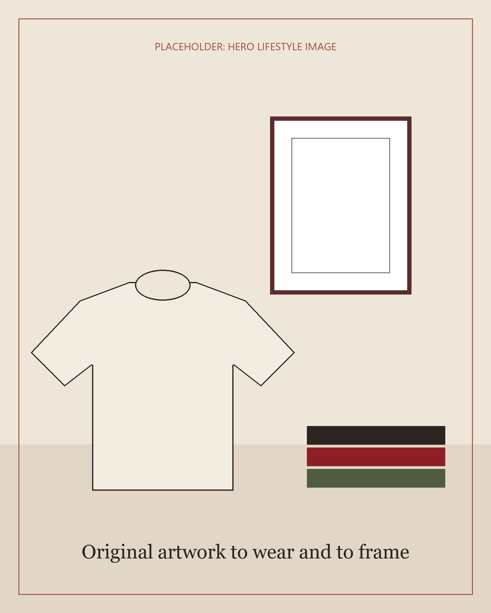 A folded ivory tee on a wooden table next to old books, with a framed print on the wall