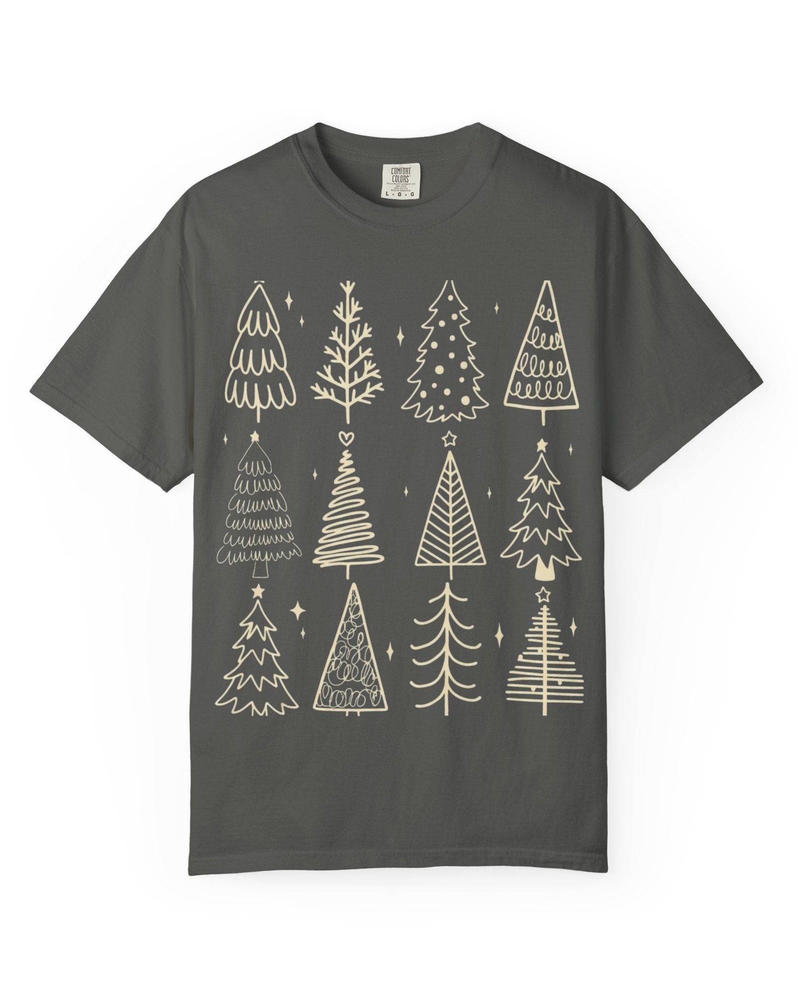 Christmas Tree Doodles tee in pepper with twelve cream line-art trees